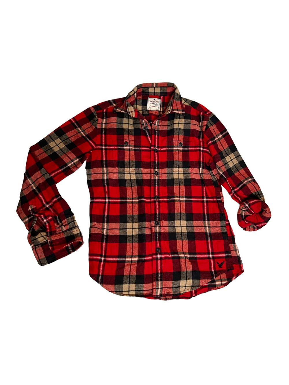 American eagle flannel shirt button down plaid red cream Sz Xs